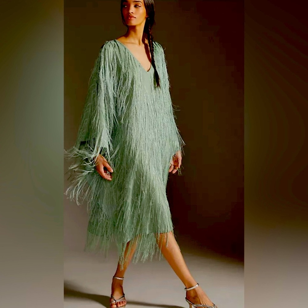 Anthropologie Sage Green Long-Sleeve Fringe Midi Dress
